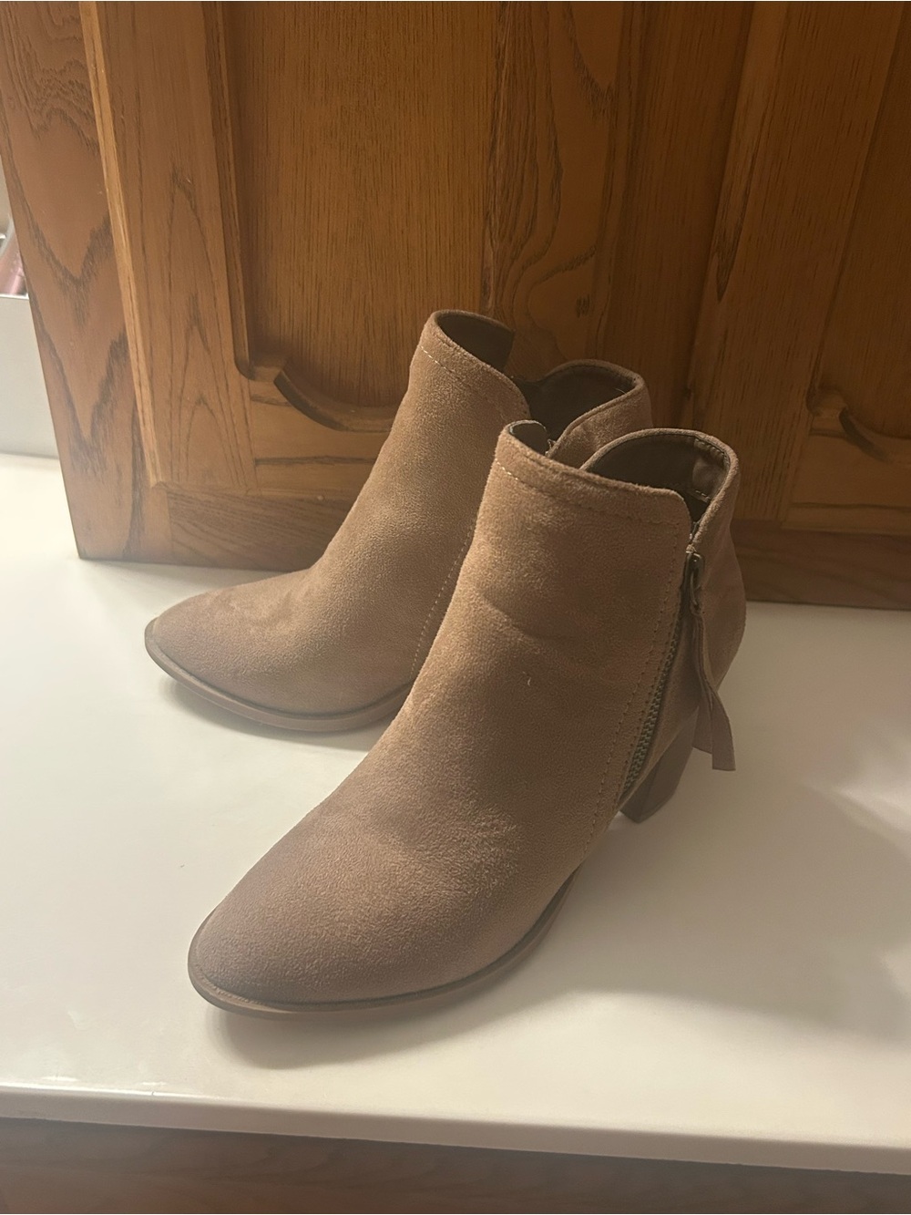 Women's Tan Suede Ankle Booties - Stylish Slip-On Heel